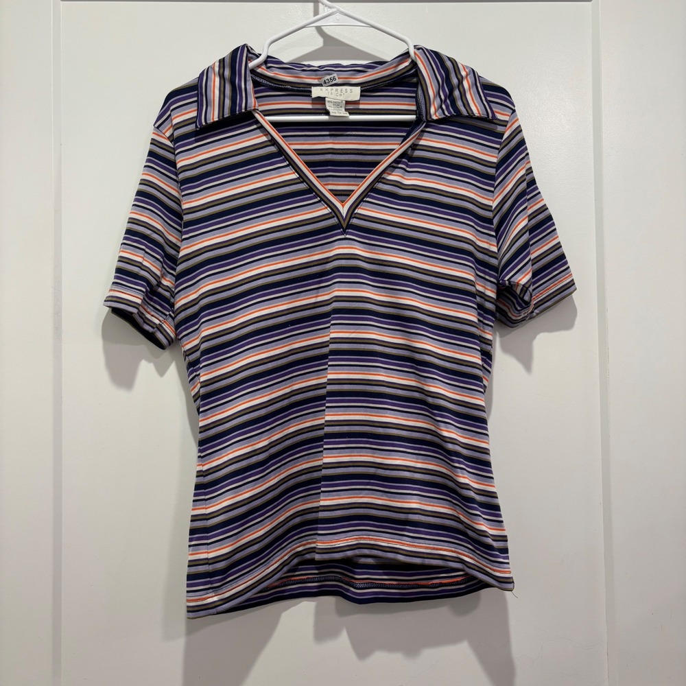 Vintage Express Tricot Striped Mock Neck Top Purple Orange Y2K Womens Large